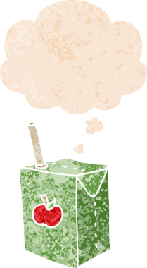 Karikatür elma suyu kutusu. Düşünce baloncuğu ve grunge dertli retro tarzı bir insan tarafından çizilmiş.