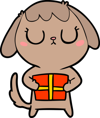 Bir insan tarafından çizilmiş Noel hediyesi olan sevimli bir çizgi film köpeği.