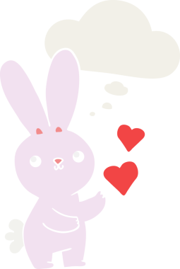 Aşk kalpleri olan sevimli çizgi film tavşanı. Düşünce baloncuğu bir insan tarafından çizilmiş.