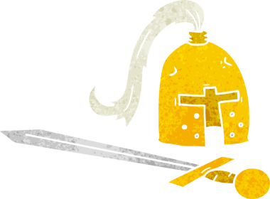 Ortaçağ miğferi ve kılıcı bir insan tarafından çizilmiş.