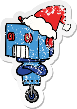 Bir insan tarafından çizilmiş Noel Baba şapkası takan bir robotun çizilmiş el yazısı.