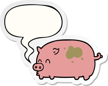 Bir insan tarafından çizilmiş baloncuk çıkartmalı şirin çizgi film domuzu.