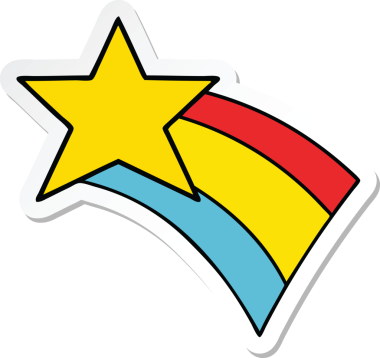 Bir insan tarafından çizilmiş gökkuşağı yıldızı resimli şirin bir çizgi film çıkartması.