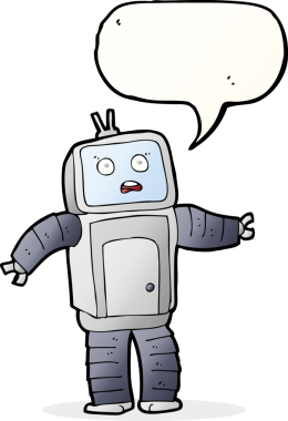 Bir insan tarafından çizilmiş konuşma balonlu komik robot.