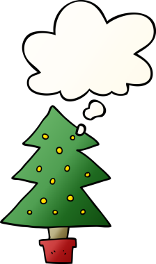 Düşünce baloncuğu bir insan tarafından çizilmiş olan çizgi film noel ağacı.