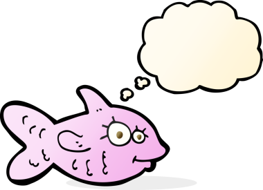 Bir insan tarafından çizilmiş düşünce balonlu mutlu balık çizgi filmi.