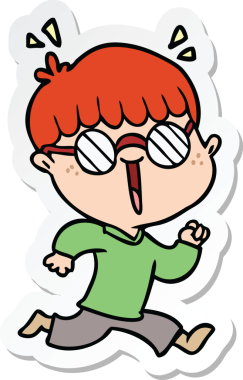 Bir insan tarafından çizilmiş gözlüklü koşan bir çocuğun çıkartması.