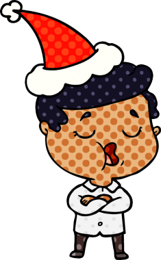 Bir insanın çizdiği Noel Baba şapkasıyla konuşan bir adamın el çizimi çizgi roman tasviri.