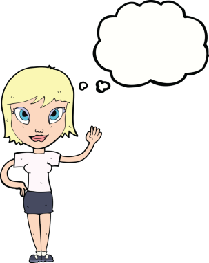 Bir insan tarafından çizilmiş düşünce baloncuğuyla el sallayan çizgi film kadını.