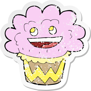 Bir insan tarafından çizilmiş mutlu kek çizgi filminin gerilimli retro yapıştırması.