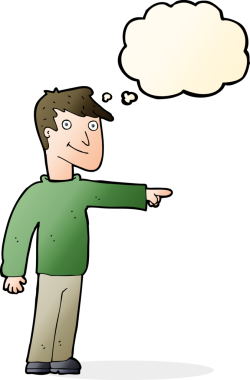 Bir insan tarafından çizilen düşünce baloncuğuyla işaret eden çizgi film adamı.