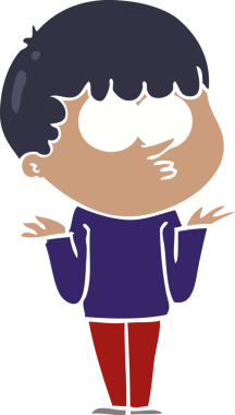 Düz renkli çizgi film meraklısı çocuk bir insan tarafından çizilmiş omuzlarını silkiyor.