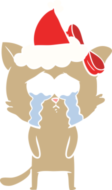 Bir insan tarafından çizilmiş Noel Baba şapkası takan bir kedinin düz renk çizimi.