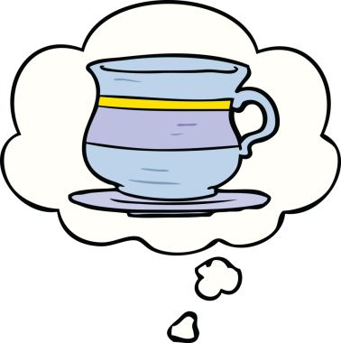 Bir insan tarafından çizilmiş düşünce balonlu eski bir çay fincanı.