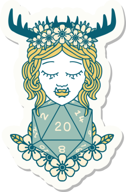 Bir insan tarafından çizilmiş 20 zarlı yarı ork Druid çıkartması.