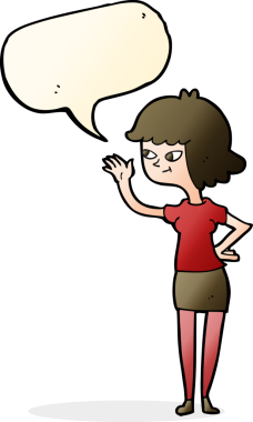 Bir insan tarafından çizilmiş konuşma baloncuğuyla el sallayan çizgi film dostu kız.