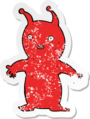 Bir insan tarafından çizilmiş mutlu, küçük bir uzaylı karikatürünün gerilemiş yapıştırması.