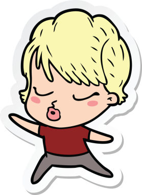 Bir insan tarafından çizilmiş, gözleri kapalı bir karikatür kadının çıkartması.