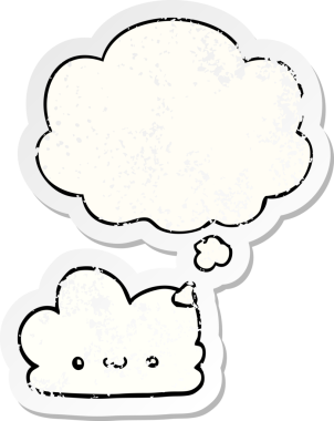 Düşünce baloncuğu olan sevimli çizgi film bulutu bir insan tarafından çizilmiş yıpranmış bir çıkartma gibi.