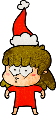 Bir insan tarafından çizilmiş Noel Baba şapkası giymiş, ıslık çalan bir kızın el çizimi karikatürü.