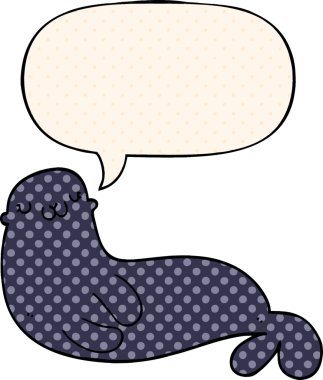 Bir insan tarafından çizilmiş çizgi roman tarzında konuşma baloncuğu olan şirin bir fok.