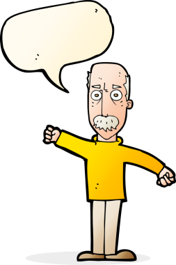 Bir insan tarafından çizilmiş konuşma balonlu kızgın yaşlı adam çizgi filmi.