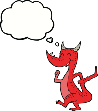 Bir insan tarafından çizilmiş düşünce balonlu mutlu ejderha çizgi filmi.