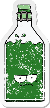 Bir insan tarafından çizilmiş eski bir şişenin sıkıntılı çıkartması.