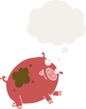 Düşünce baloncuklu çizgi film domuzu insan tarafından çizilmiş.