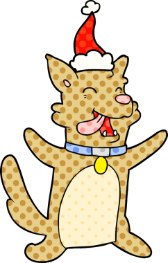 Bir insan tarafından çizilmiş Noel Baba şapkası takan mutlu bir köpeğin el çizimi çizgi roman çizimi.