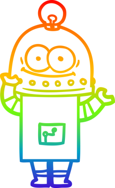 Gökkuşağı gradyan çizgisi mutlu bir karton robot çizimi ve bir insan tarafından çizilmiş ampul.