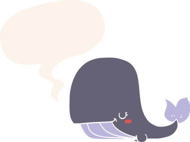 Konuşma baloncuğu olan çizgi film balinası insan tarafından çizilmiş.