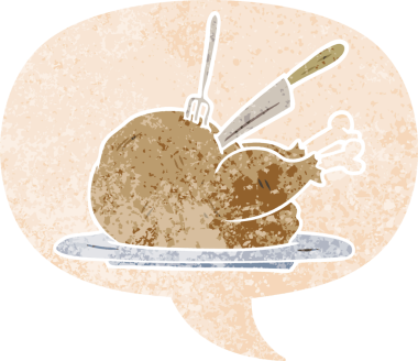 Konuşma baloncuğu olan çizgi film hindisi bir insan tarafından çizilmiş dertli retro stili.