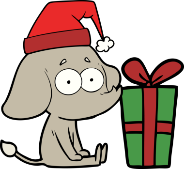 bir insan tarafından çizilmiş noel hediyesiyle yerde oturan kararsız bir fil.