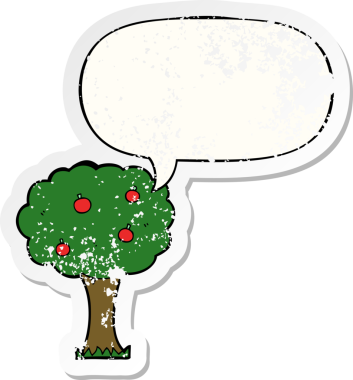 Konuşması kabarcıklı karikatür elma ağacı bir insan tarafından çizilmiş sıkıntılı eski bir çıkartma