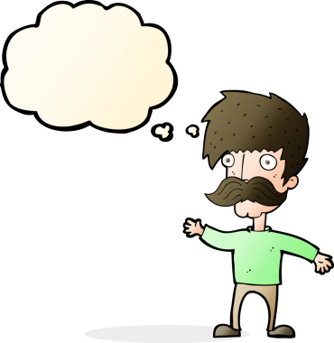 Bir insan tarafından çizilmiş düşünce baloncuğuyla bıyıklı çizgi film adamı.