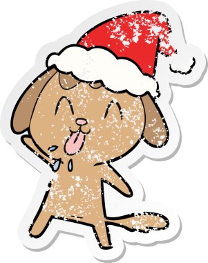 Bir insan tarafından çizilmiş Noel Baba şapkası takan bir köpeğin üzgün çıkartması çizilmiş şirin bir el.