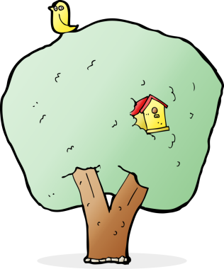 Bir insan tarafından çizilmiş kuş evi olan çizgi film ağacı.