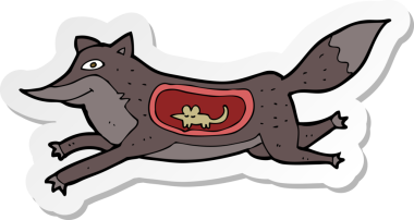 Bir insan tarafından çizilmiş göbeğinde fare olan bir kurt çizgi film etiketi.