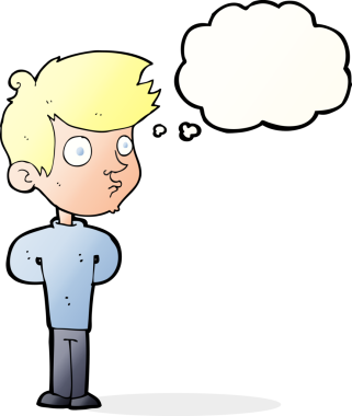 Bir insan tarafından çizilmiş düşünce balonuyla bakan çizgi film çocuğu.