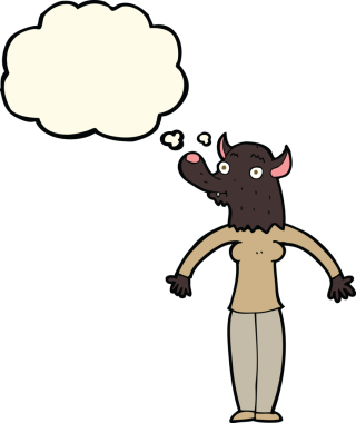 Bir insan tarafından çizilmiş düşünce baloncuğu olan karikatür dostu kurt kadın.