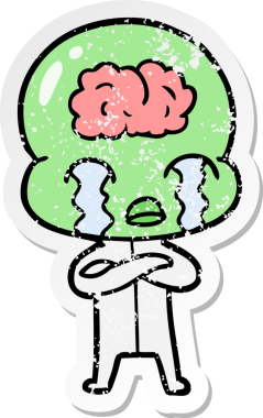 Bir çizgi filmin sıkıntılı çıkartması. Bir insan tarafından çizilmiş büyük beyinli uzaylı ağlaması.