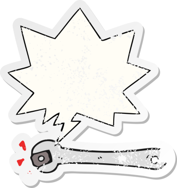 Çizgi film somun anahtarının konuşma baloncuğuyla çıldırması bir insan tarafından çizilmiş sıkıntılı eski bir çıkartma