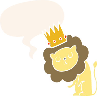 Bir insan tarafından çizilmiş, konuşma baloncuğu olan, taç takan çizgi film aslanı.