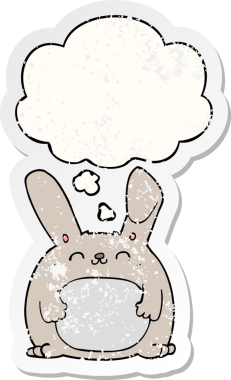 Düşünce baloncuğu olan çizgi film tavşanı insan tarafından çizilmiş yıpranmış bir çıkartma.