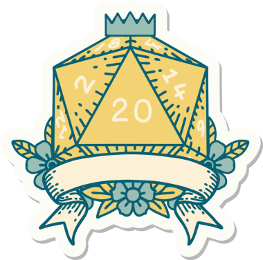 Bir insan tarafından çizilmiş 20 kritik vuruşluk D20 zar etiketi.