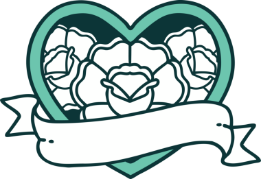 İkonik dövme stili bir kalp ve bir insan tarafından çizilmiş çiçekli pankart.