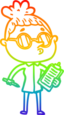 Gökkuşağı gradyan çizgi çizimi bir insan tarafından çizilmiş gözlük takan bir kadın.