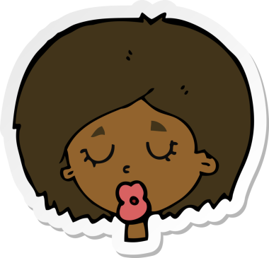 Bir insan tarafından çizilmiş, gözleri kapalı bir karikatür kadının çıkartması.