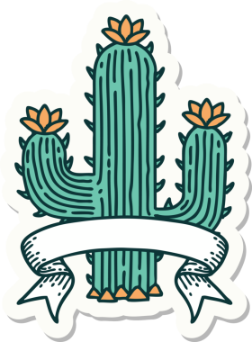Bir insan tarafından çizilmiş bir kaktüsün pankartıyla dövme stili çıkartması.